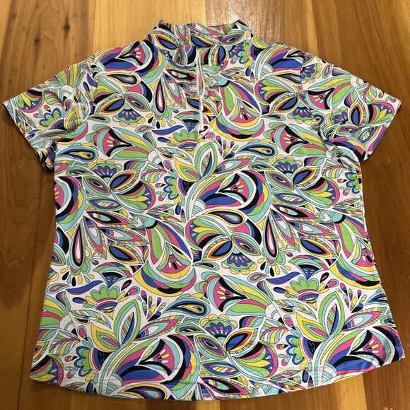 IBKUl Golf Tennis Top XXL Short Sleeve Mock Neck Zipper Front Paisley Stretch - Picture 1 of 11